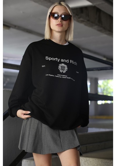 Siyah Bisiklet Yaka Baskılı Oversize Kadın Sweatshirt Mg1577