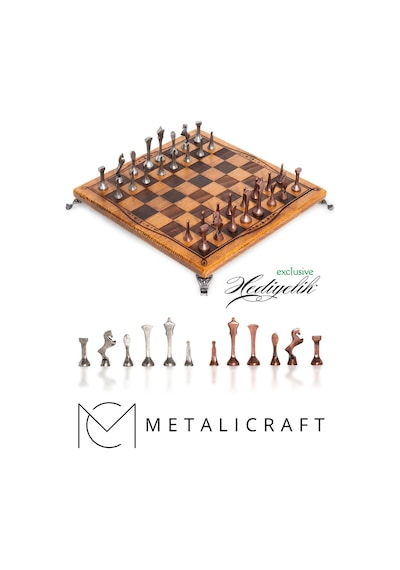 Mc34 Metal Satranç Takımı Gerçek Kayın Ağacı Satranç Tahtası - 25x25cm Antik Metal Taşlar