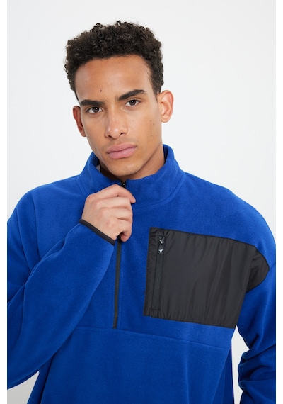 AC&Co / Altınyıldız Classics Erkek Saks Oversize Bol Kesim Bato Yaka Cep Detaylı Fermuarlı Soğuk Geçirmez Polar Sweatshirt Saks Mavi