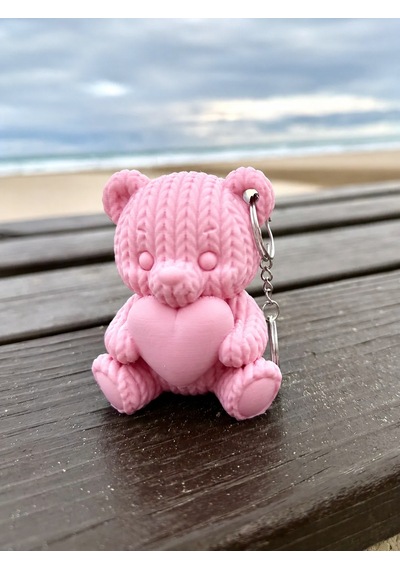 3d Baskı Kalpli Örgü Ayıcık Anahtarlık - Sevimli Çanta Süsü-pembe