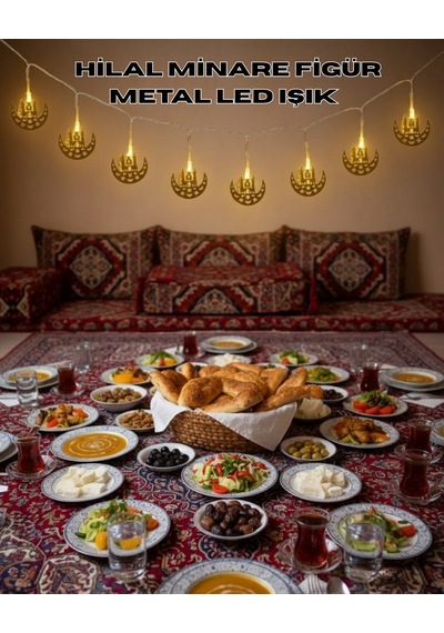 Muratech Pilli Minareli Hilal Led Işık Gold Metal Ramazan Dekorasyonu 2 Adet