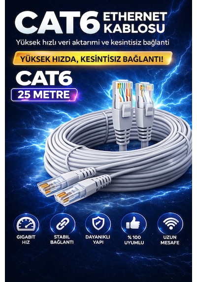 Cat6 Ethernet Kablosu 25m Gigabit Lan Kablosu Yüksek Hızlı İnternet Kablosu 25 Metre