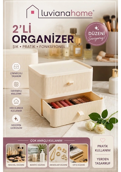 Çekmeceli Xl Makyaj Takı Kozmetik Parfüm Krem Serum Düzenleyici 2'li Organizer Çok Renkli