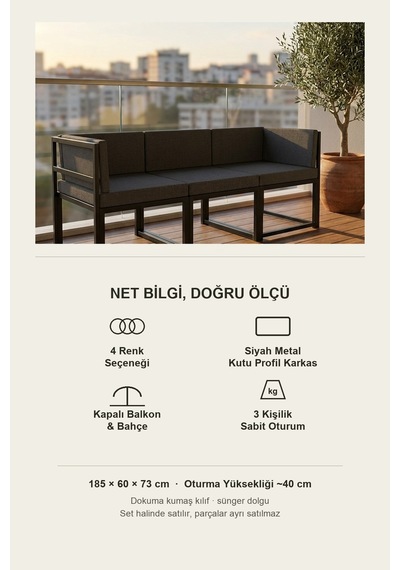 Brio 3'lü Bahçe Balkon Koltuk Takımı Keten Dokuma, Metal Karkas Siyah