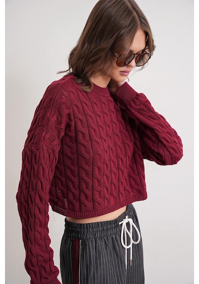 Mixray 6863 Kadın Saç Örgülü Crop Triko Kazak Bordo