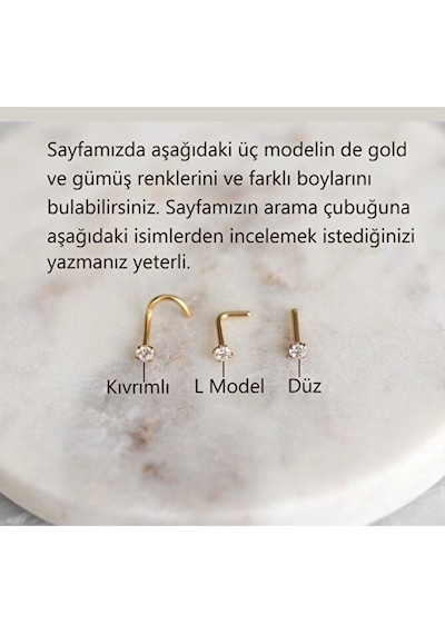 L Model Düşmeyen Çelik Hızma 3 Mm Taşlı Tektaş Burun Piercingi Gold