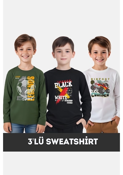 Fyk Kids Erkek Çocuk Bisiklet Yaka 3'lü Basic Sweatshirt Çok Renkli