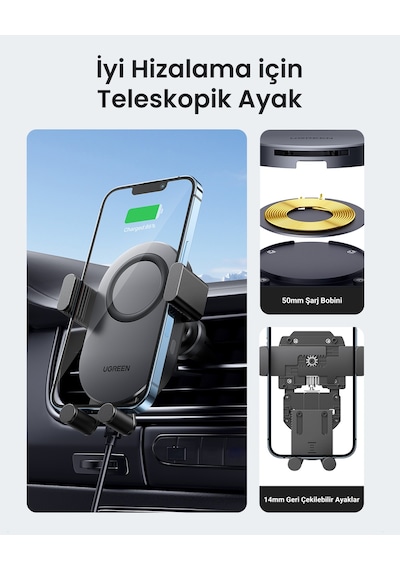 Ugreen Magsafe 15w Kablosuz Araç İçi Hızlı Şarj Cihazı, Otomatik Sensörlü Tutucu, Siyah, 40118