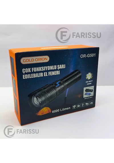 Or-g501 Geceyi Gündüze Çeviren 3 Km Menzilli Dev Projektör Fener Powerbank Özellikli Yedek Pilli Full Set Siyah