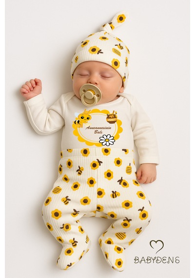Babyden's Anneannesinin Balı Yazılı 3'lü Set Uzun Kol Body, Patikli Alt Ve Şapka Unisex Bebek Giyim Ekru