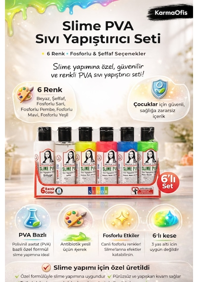 Slime Pva Sıvı Yapıştırıcı Seti 6 Lı Fosforlu & Şeffaf Renkler Çocuklar İçin Güvenli