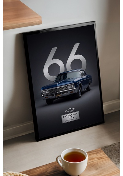 Chevrolet İmpala 66 Siyah Ahşap Çerçeveli Poster, Dekoratif Araba Duvar Tablosu