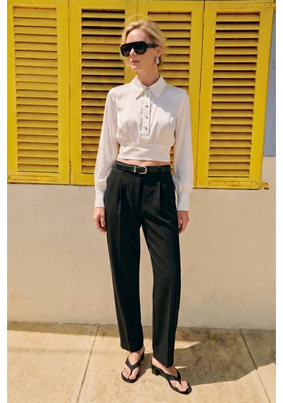 Sateen Düğme Detaylı Saten Bluz - Ekru-137516