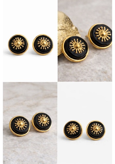 Kadın Küpe Vintage Düğme Model Gold Sun Küpe Siyah