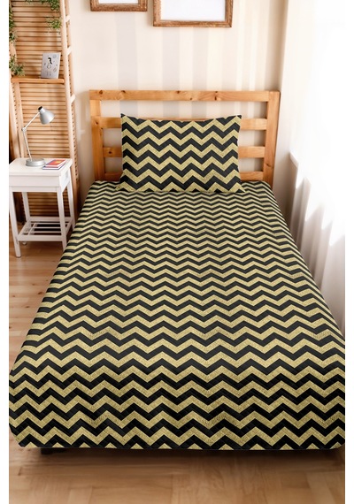 Siyah Gold Geometrik Zigzag Genç Odası Tek Kişilik Pike Takımı-altın Renkli Yatak Örtüsü-160x220 Cm Sarı