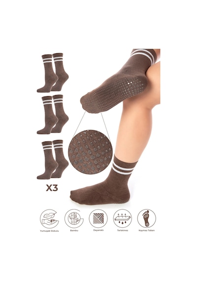 Saysez Bambu Kadın Kaydırmaz Taban Silikon Baskı Pilates Yoga Fitness Dans Aktivite Tenis Çorabı Kahve 3'lü Renkli