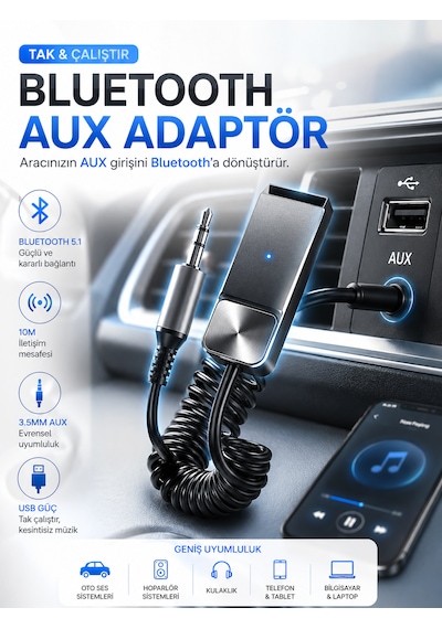 5.1 Aux Araç Kiti Bluetooth Çevirici Adaptör 3.5mm Jack Tak Çalıştır Kablosuz Müzik Alıcı 10m