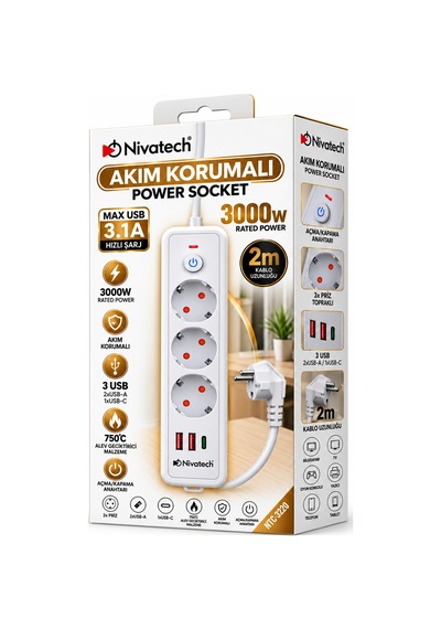 Nivatech Power Socket Ntc-3220 2 Metre Akım Korumalı Grup Priz 2 m