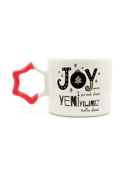 Joyumuz Yerinde Olsun Baskılı Kırmızı Kulplu Yıldız Yılbaşı Kupası