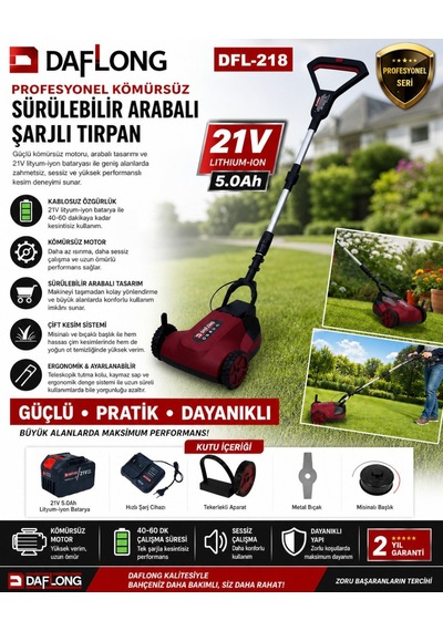Daflong Dfl218 Kömürsüz Arabalı Şarjlı Tırpan 21v Çim Ve Ot Kesme Makinesi