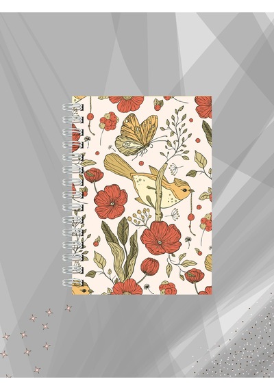 Kuş Ve Çiçek Desenli Çizgisiz Defter 60 Yaprak- 120 Sayfa Tel Spiralli Çok Renkli