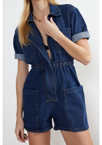 Ersefa Kadın Moda Standart Kol Boru Paça Dik Yaka Düz Desen Kısa Beli La Koyu Mavi