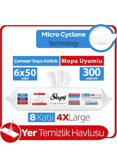 Sleepy Easy Clean Çamaşır Suyu Katkılı Mopa Uyumlu Yer Temizlik Havlusu&Mendili 6x50 (300 Yaprak)