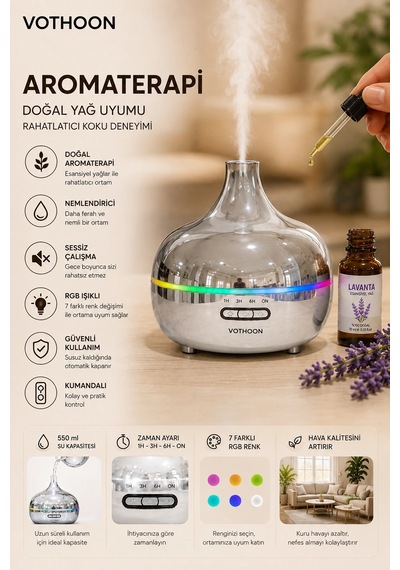Gümüş Vazo Model Rgb Işıklı Hava Nemlendirici & Aromaterapi Difüzör 550 Ml Kumandalı