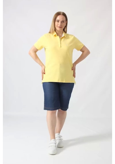 Moda Berray 21305 Kısa Kollu Büyük Beden Lakost Kumas T-shirt Sarı Sarı