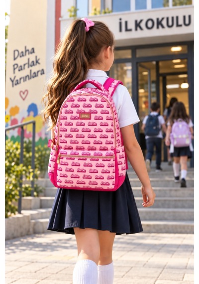 İlkokul Okul Çantası Barbie Pembe Kız Çocuk Sırt Çantası 40x30x14 Cm Desenli