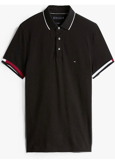 Tommy Hilfiger Flag Cuff Slım Fıt Polo Siyah
