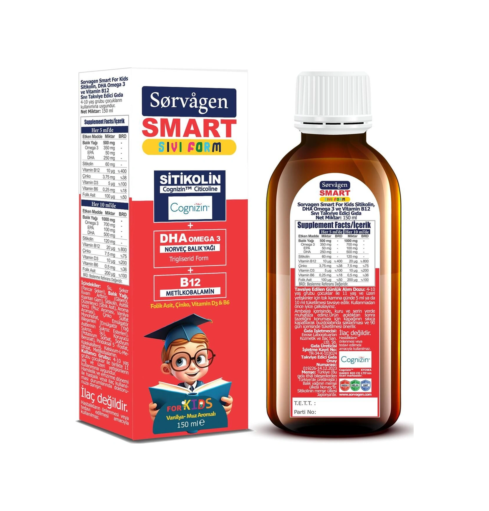 Sorvagen Smart Kids Sıvı Form Sitikolin Dha Omega 3 Norveç Balık Yağı Ve B12 150 Ml 2 Adet