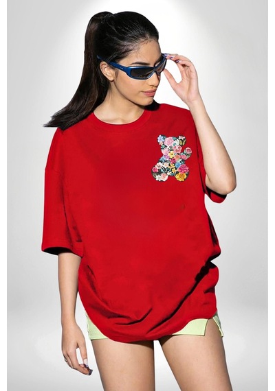 Dışarı Çık Ve Oynayalım Teddy Kırmızı Oversize Unisex Ön Ve Sırt Baskılı Tişört Kırmızı