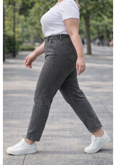 Cedy Denim Mom Fit Jean Büyük Beden Yüksek Bel Carrot Kesim Dar Paça Pileli Esnek Kot Pantolon C600 Gri