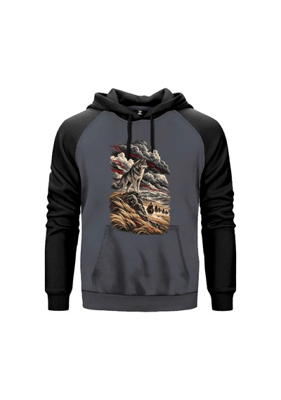 Bozkır Yolculuğu Gözcüsü Bozkurt Gri Renk Reglan Kol Sweatshirt Kapşonlu