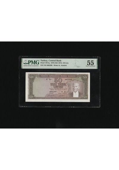 Pmg 55 Elli Türk Lirası 50 Tl 1970 Nd 1971 P 187aa S/n V91 002299 5. Ems 7. T Ça