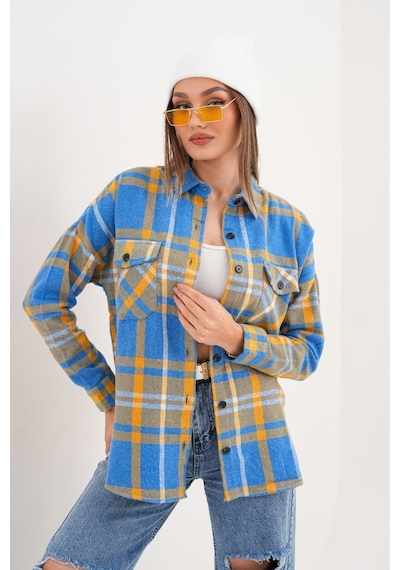 Mamayaga Kadın Desen Bloklu Oduncu Oversize Bol Ve Geniş Kalıp Casual Cepli Yakalı Ceket Gömlek Çok Renkli