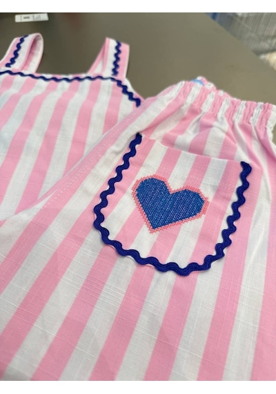 Magu Kız Çocuk Keten Pembe Çizgili Askılı Bluz Pantolon Takım