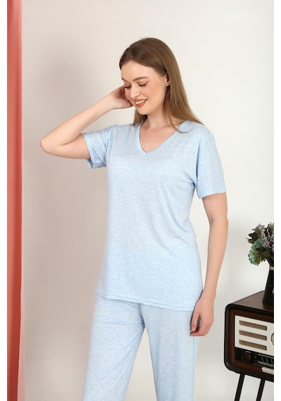 Akbeniz Kadın Kısa Kol Pamuk Penye Pijama Takım Mavi 4213-mavi Mavi