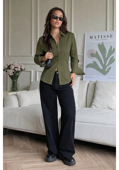 Kadın Arkası Bağcıklı Gömlek Slim Fit Günlük Ve Ofis Kombin Modern Tasarım Haki