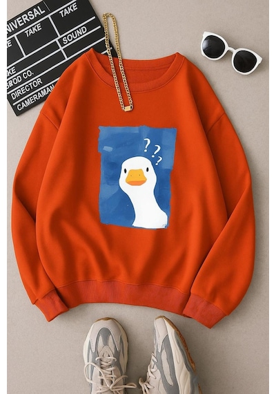 Benroma 3 İplik Penye Ördek Baskılı Unisex Sweatshırt Çok Renkli