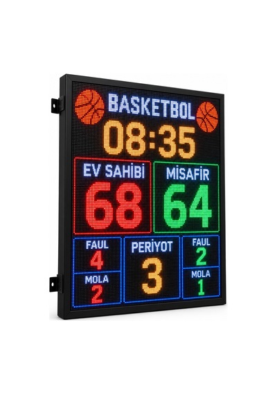 Sanec Basketbol Skorbord Skor, Süre, Faul, Mola Ve Periyot Göstergeli Full Renkli Led Skor Tabelası, P5 Dış Mekan Kasa Ölçüsü: 80x64 Cm
