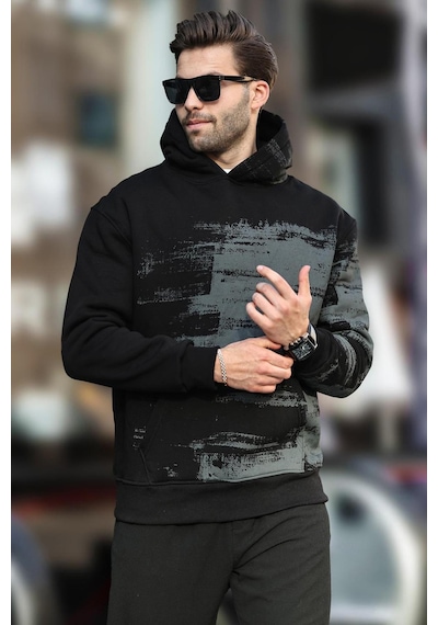 Madmext Siyah Kapüşonlu Desenli Cep Detaylı Erkek Sweatshirt 7059-siyah Siyah
