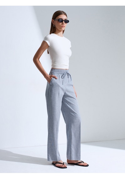 Dilvin 72730 Keten Karışımlı Bağcıklı Pantolon-mavi
