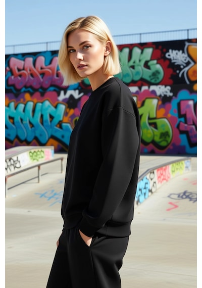 Benerly Kadın Bisiklet Yaka Düşük Kol Regular Kalıp Örme Sweatshirt Fonks siyah