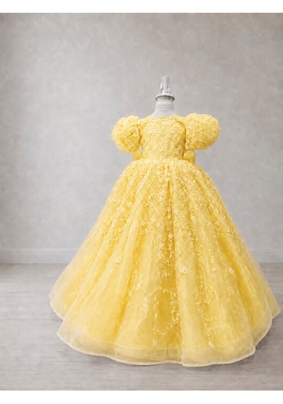 Star Kids Fashion Kız Çocuk Sarı Prenses Elbisesi Çiçek İşlemeli Kabarık Tül Uzun Abiye Doğum Günü Özel Gün Elbisesi