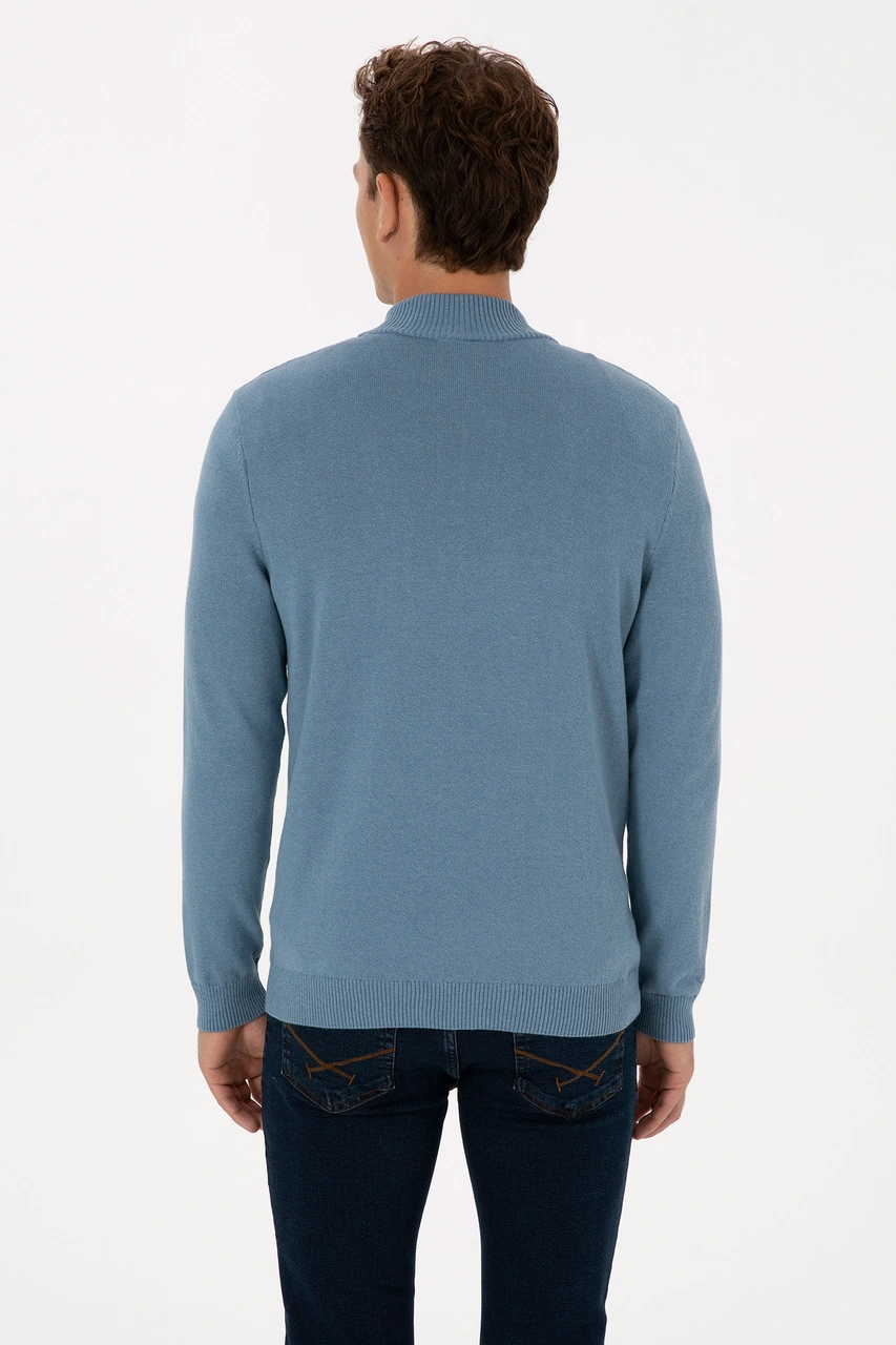 U.S. Polo Assn. Erkek Slim Fit Yarım Fermuarlı Mavi Basic Kazak 50313695-VR251