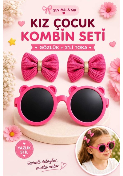 Kız Çocuk Kombin Seti Gözlük + 2 Li Toka Hafif, Şık Ve Yazlık Stil Pembe