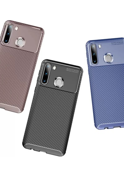 Newface Samsung Galaxy A21 Kılıf Auto Focus Karbon Kapak - Kahverengi