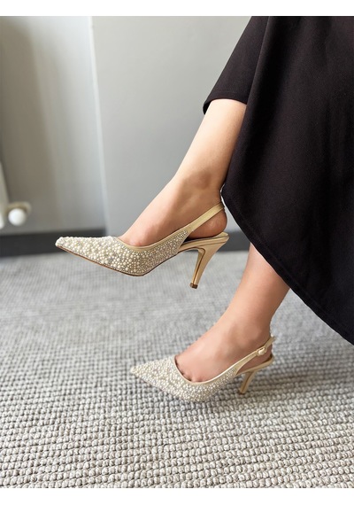 Asmi Shoes Kadın Marlen İnci Süslemeli İnce Topuklu Abiye Ayakkabı Düğün&davet Gold Altın